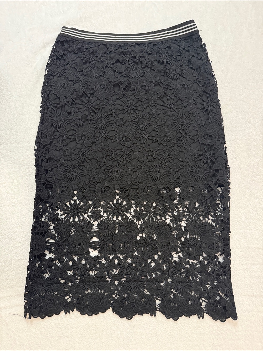 Black Floral Lace Midi Skirt with Striped Elastic Waistband